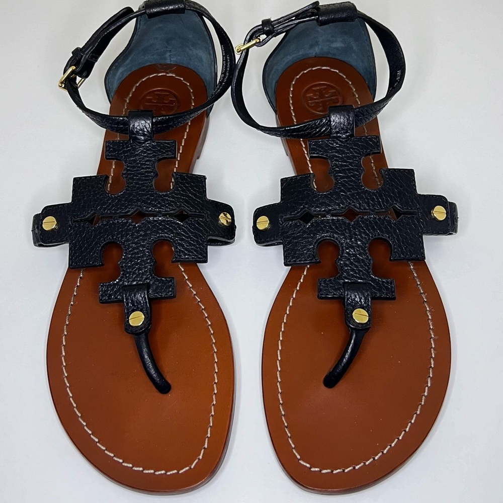 Tory Burch Phoebe Flat Black Leather Sandals 8.5W
